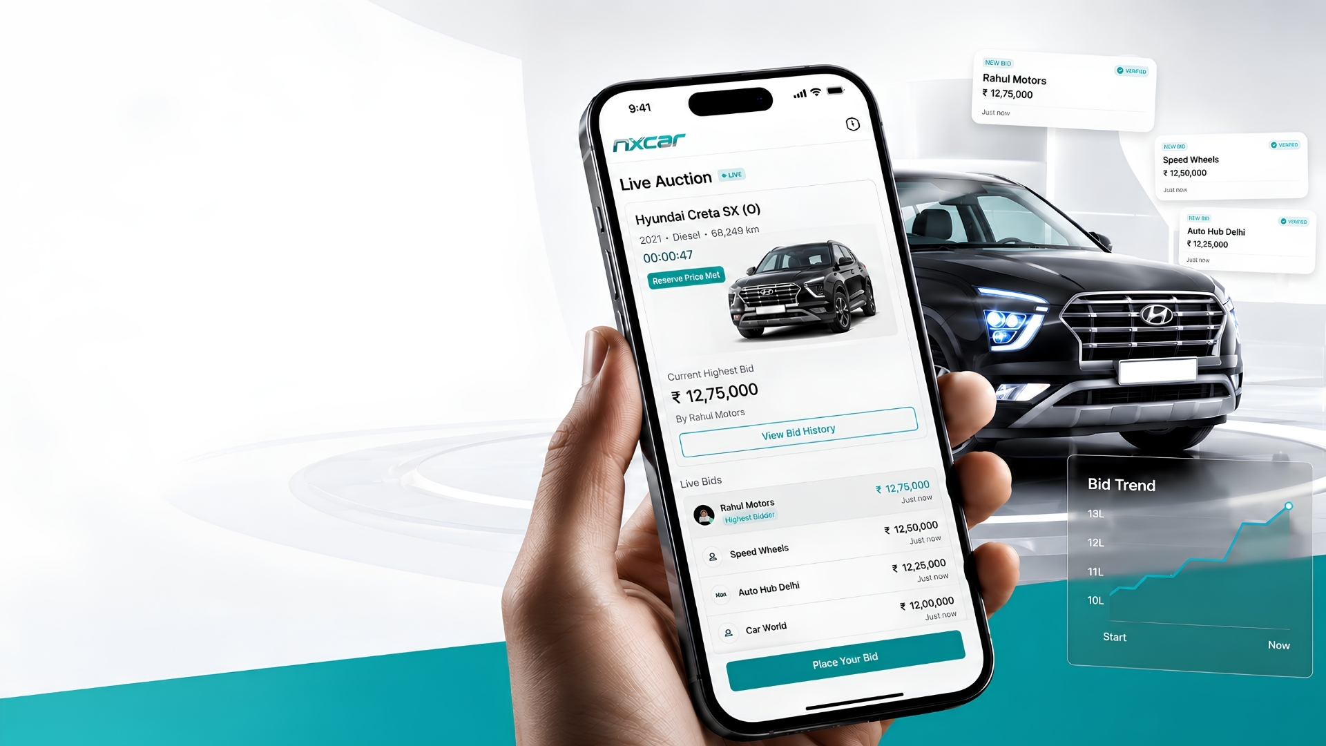 Premium car live auction on phone mockup with Creta SUV