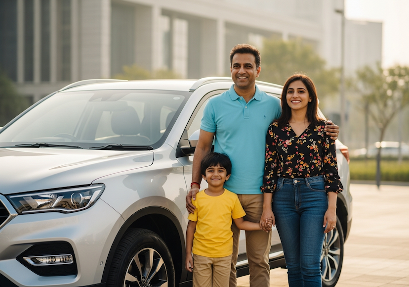 Happy family with their car